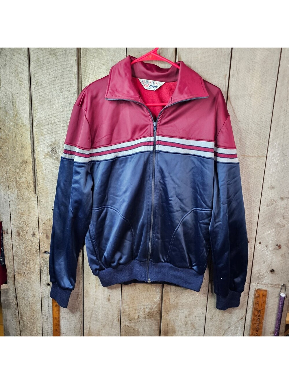 Vintage 70s 80s Cal Sport Track Jacket Men's L Maroon Navy Blue Full Zip USA